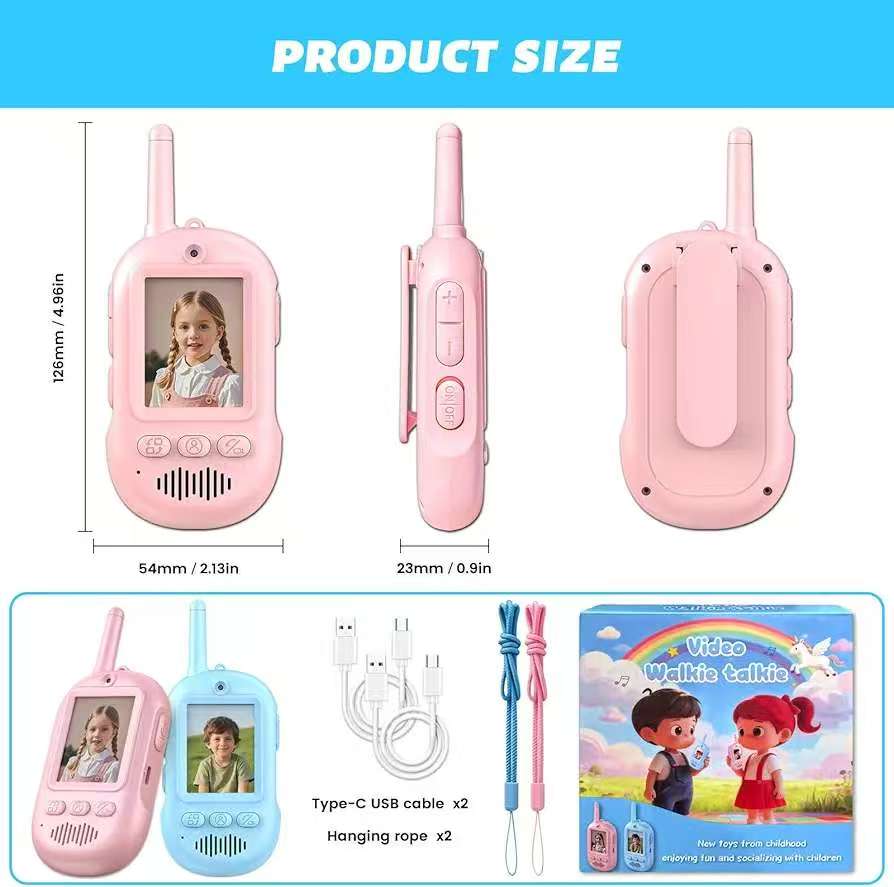 Rxtwd Video Walkie Talkies for Kids 2-Pack — Rechargeable kids walkie talkies with 2.0-inch LCD screen, voice changer, and USB-C charging, designed for children ages 3-12
